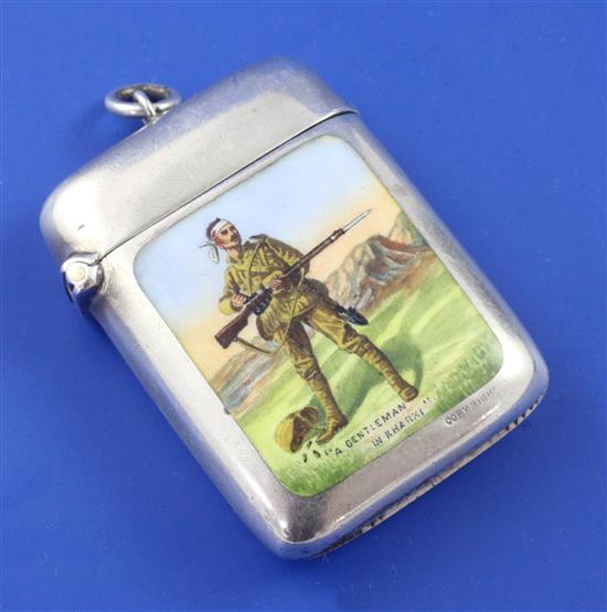 A late Victorian military related silver and enamel vesta case by Saunders & Shepherd, 2in.